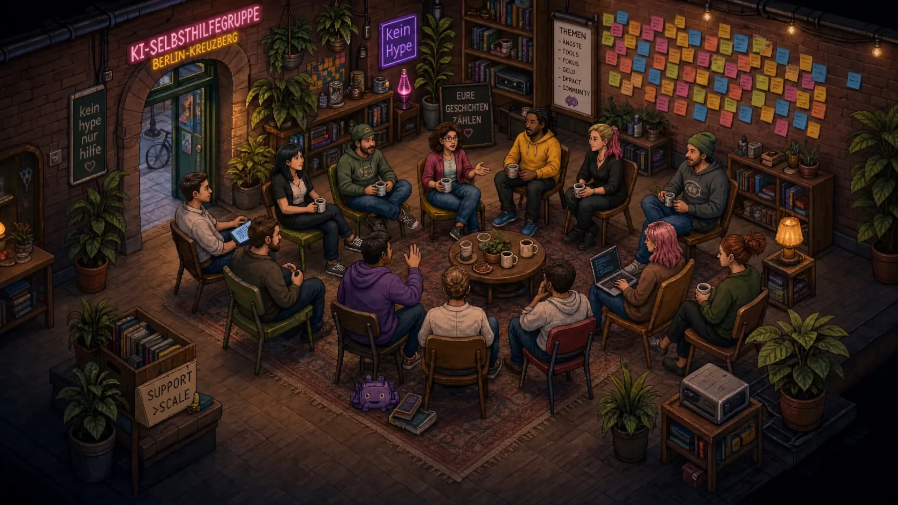 Illustration eines Gesprächskreises der KI-Selbsthilfegruppe in Berlin-Kreuzberg.