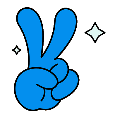 Animated blue peace-hand illustration.
